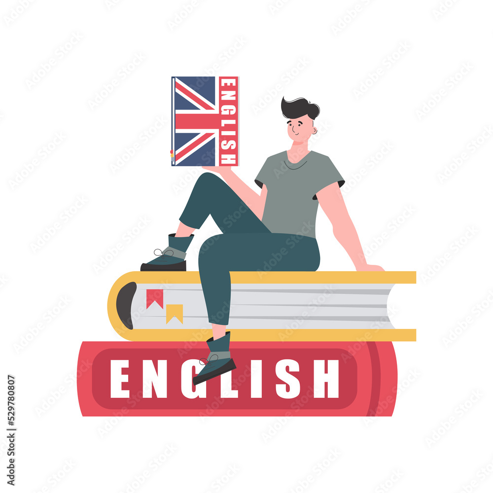 A man sits on books and holds an English dictionary in his hands. The concept of learning English. Trendy cartoon style. . A man sits on books and holds an English dictionary in his hands. The concept of learning English. Trendy cartoon style. .