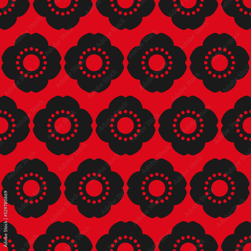 Seamless pattern with black poppy flowers on red background.