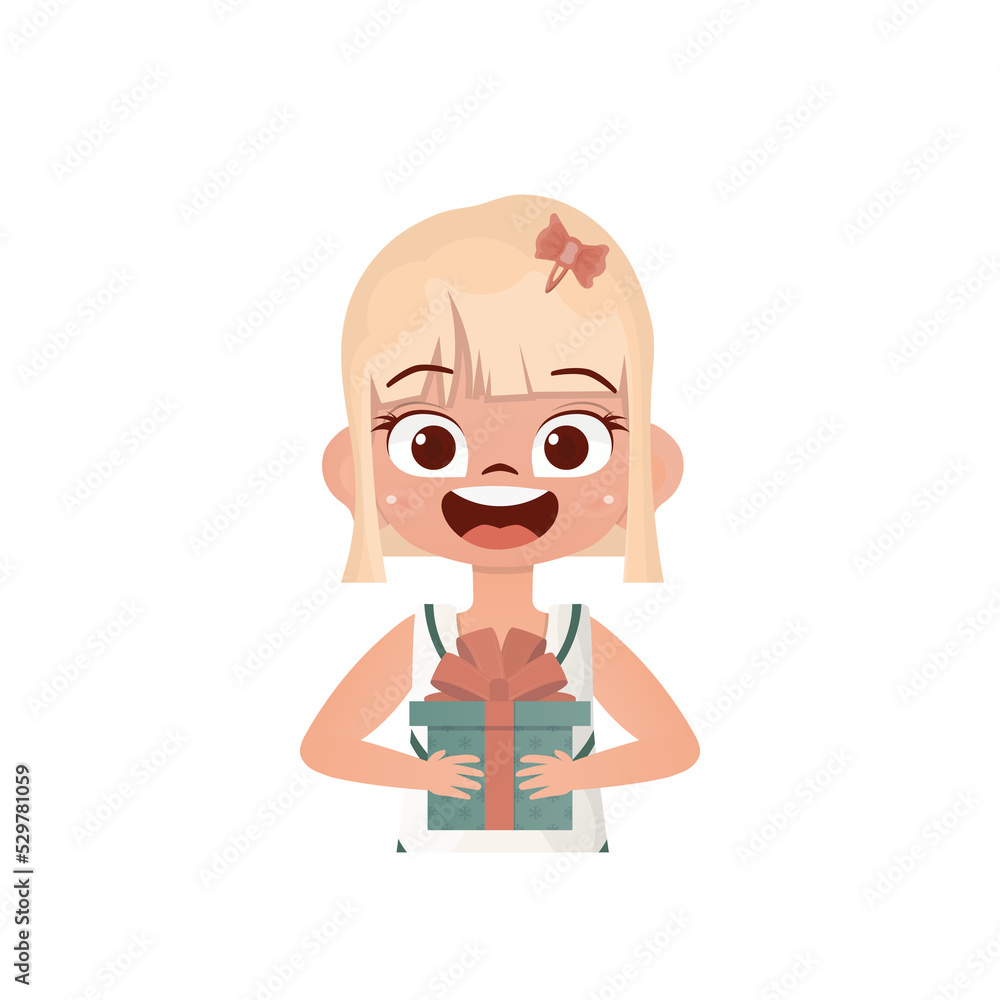 Happy baby girl holding a gift in her hands. Drawing in cartoon style. Happy baby girl holding a gift in her hands. Drawing in cartoon style.