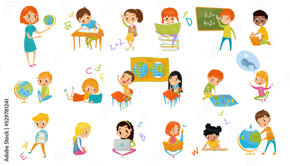 Kids at School Lesson Studying and Learning with Book, Globe and Chalkboard Big Vector Set Kids at School Lesson Studying and Learning with Book, Globe and Chalkboard Big Vector Set
