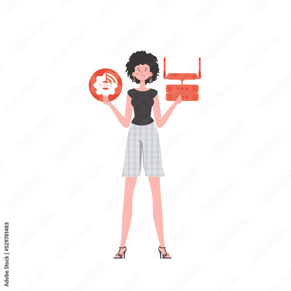 A woman holds the internet of things logo in her hands. Router and server. IOT and automation concept.     in flat style.
