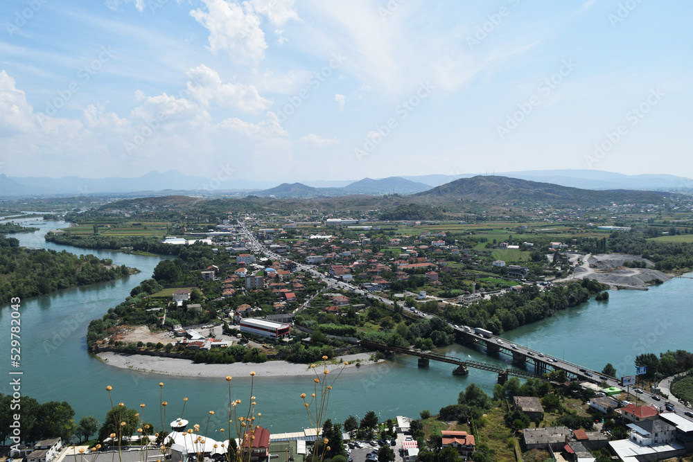view of the surroundings of the city of Shkoder in Albania and the Buna River from the height of the Rosafa fortress