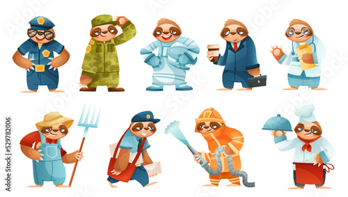 Funny Sloth Mammal Engaged in Different Occupation Wearing Professional Uniform Vector Set