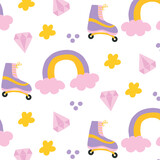 Seamless pattern with rainbow colors and rollers. Retro style. Patteern in the style of the 60s 70s. Vector illustration.