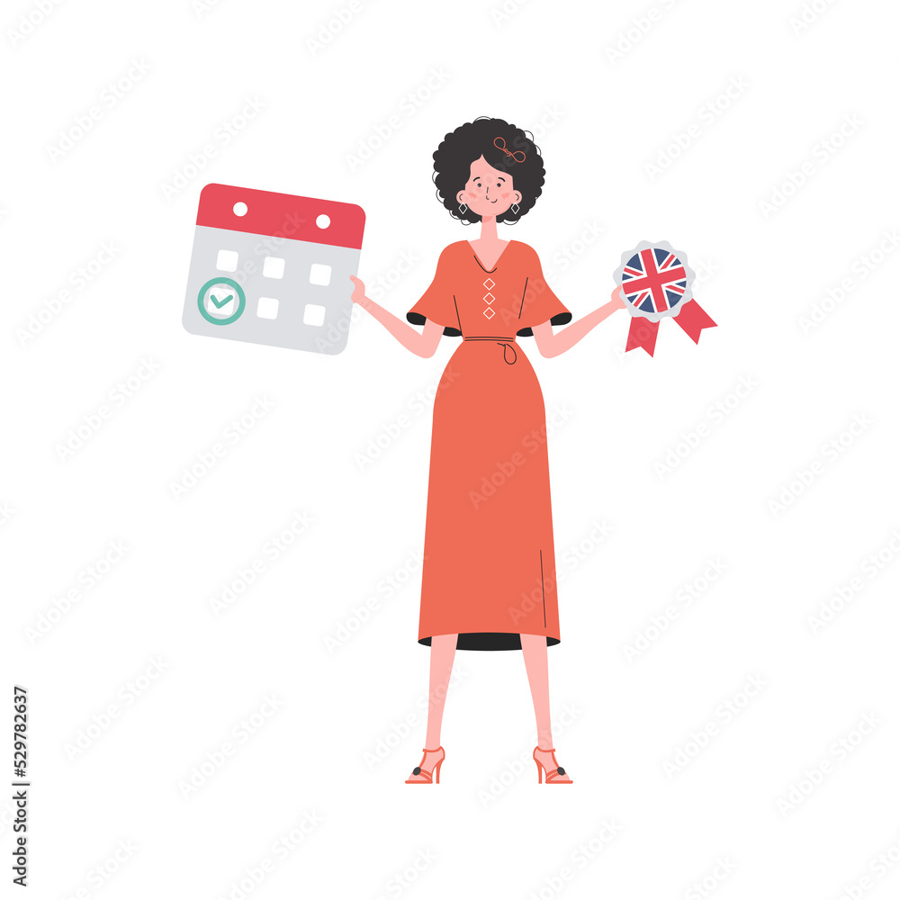 Woman teacher shows that it's time to learn English. The concept of learning English. trendy style. . Woman teacher shows that it's time to learn English. The concept of learning English. trendy style. .