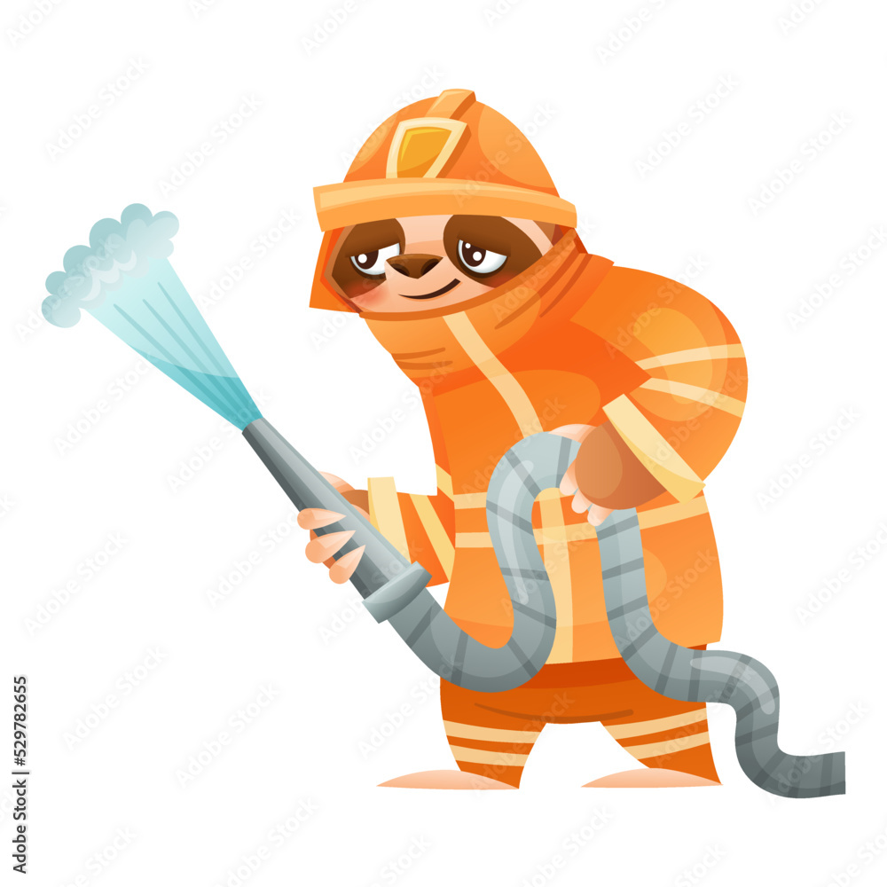 Fototapeta premium Funny Sloth Mammal as Firefighter Wearing Professional Fireproof Uniform with Water Hose Vector Illustration