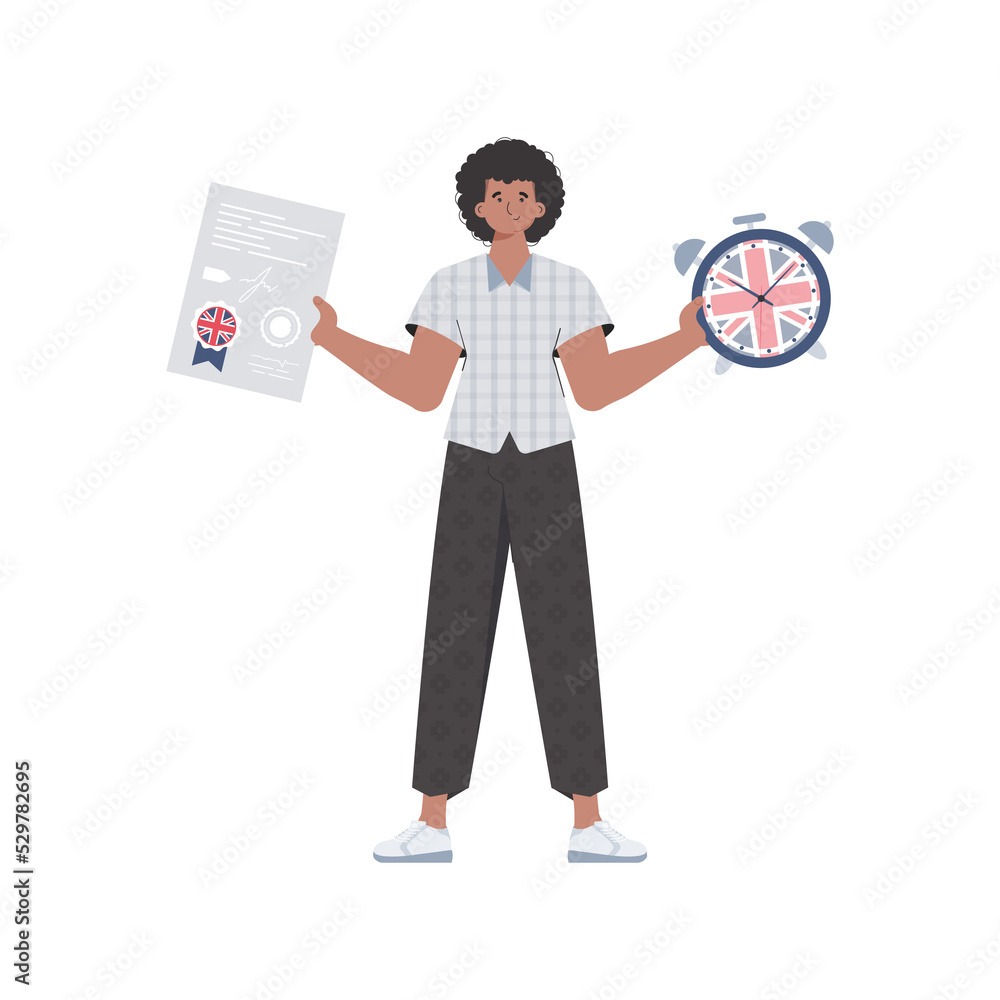 Male teacher shows that it's time to learn English. The concept of learning English. Flat modern style. . Male teacher shows that it's time to learn English. The concept of learning English. Flat modern style. .