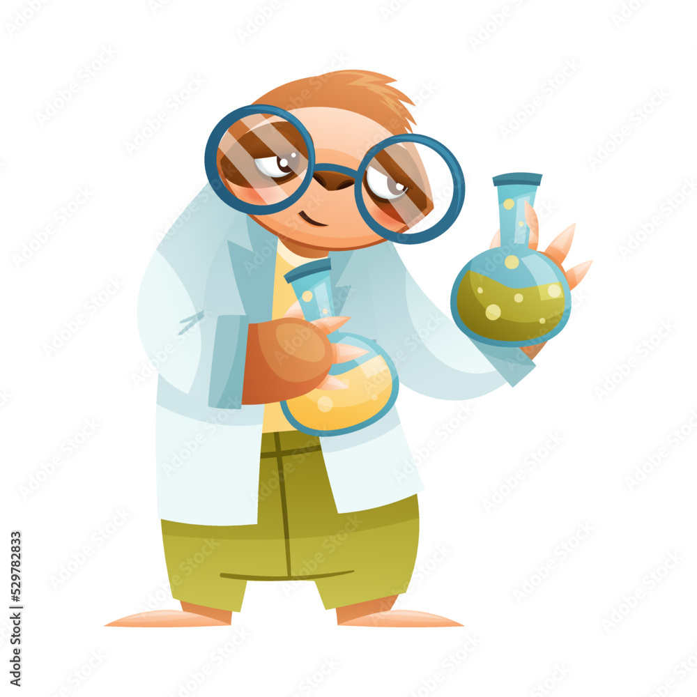 Fototapeta premium Funny Sloth Mammal as Scientist in Glasses with Chemical Flask Wearing Laboratory Coat Vector Illustration