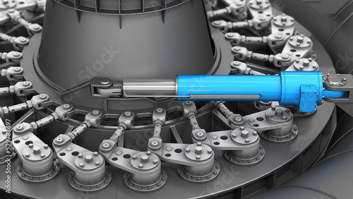 Water distribution device in the spiral casing of a hydro turbine. A servomotor or hydraulic cylinder controls the turbine's water flow. 3d illustration photo