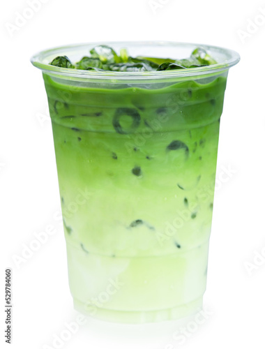 milk green tea in glass ice isolated on white background clipping path