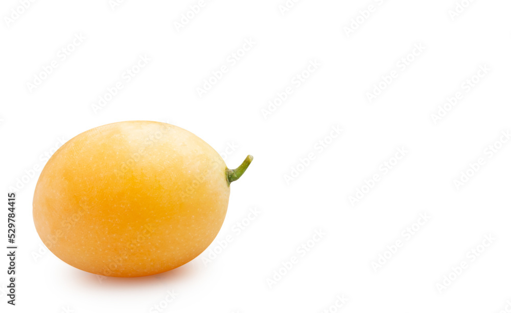 Fresh sweet marian plum with leaves isolated on white background