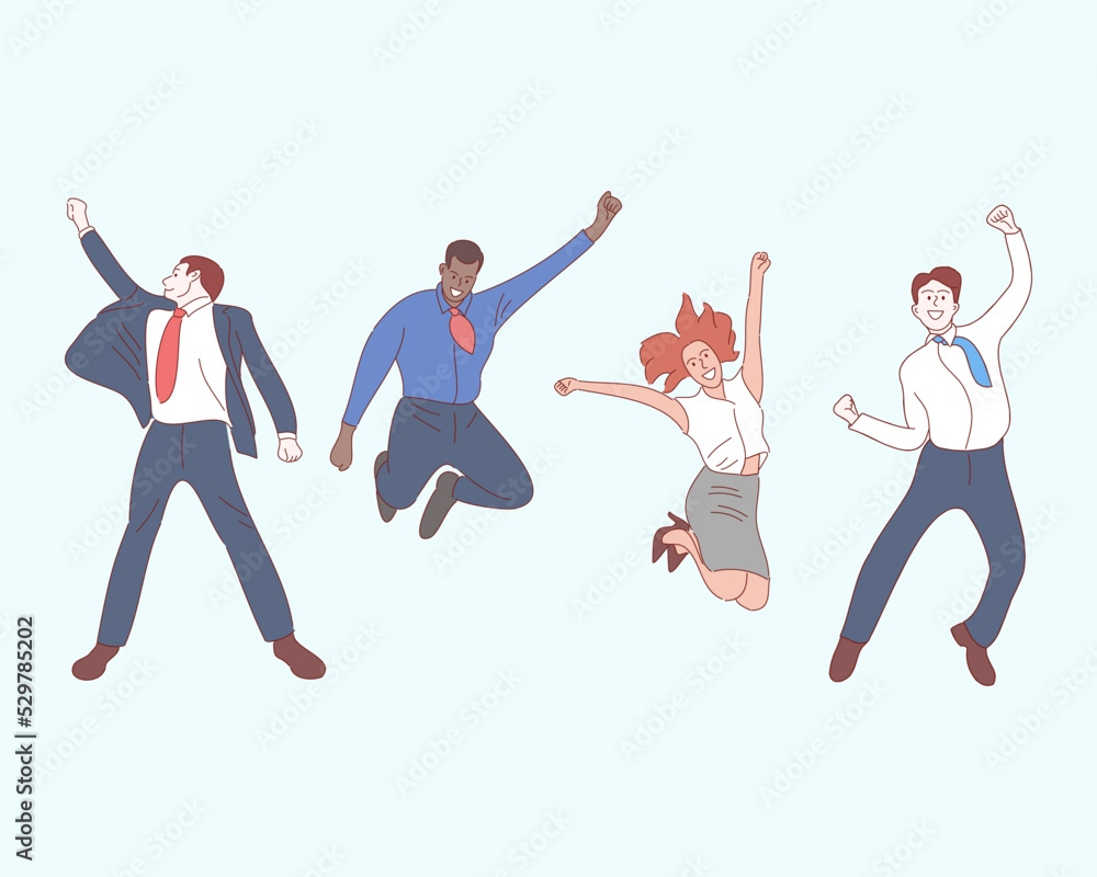 happy businessman jumping on the job success. Hand drawn style vector illustrations.