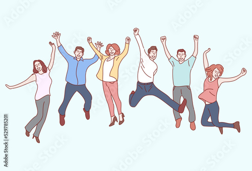 happy businessman jumping on the job success. Hand drawn style vector illustrations.