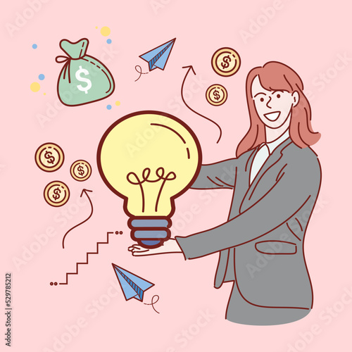 businesswoman standing holding a light bulb. Hand drawn style vector illustrations.