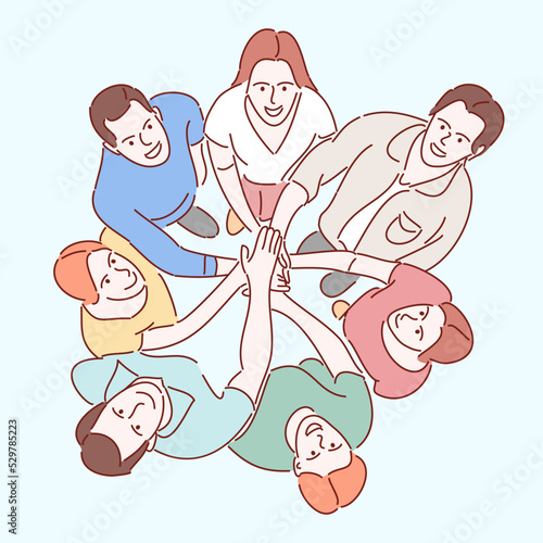 Business team concept. Hands of businessman partners making circle. Hand drawn style vector illustrations.