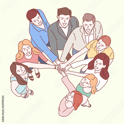Business team concept. Hands of businessman partners making circle. Hand drawn style vector illustrations.