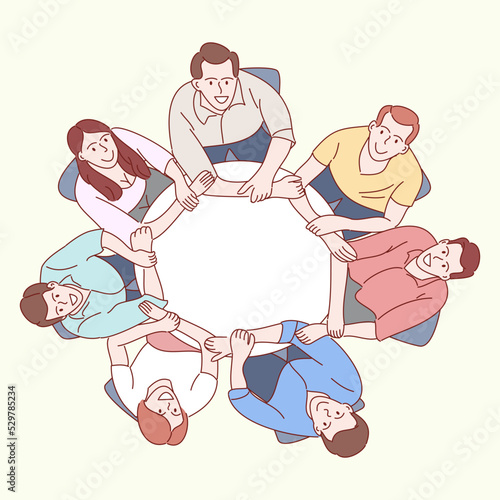 Business team concept. Hands of businessman partners making circle. Hand drawn style vector illustrations.