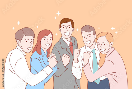 business team is very happy. Hand drawn style vector illustrations.