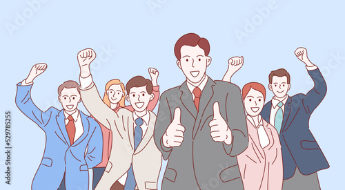 business team is very happy. Hand drawn style vector illustrations.