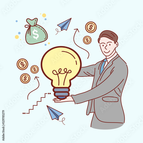 businessman standing holding a light bulb. Hand drawn style vector illustrations.