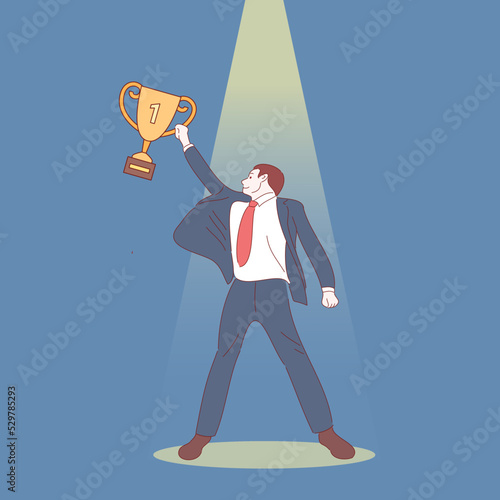 businessman holding a trophy. Hand drawn style vector illustrations.