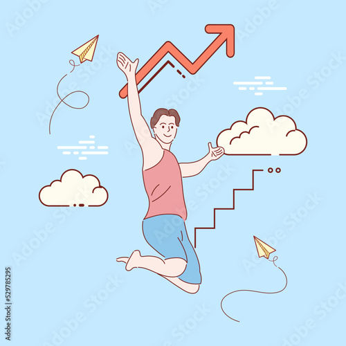 happy businessman jumping on the job success. Hand drawn style vector illustrations.