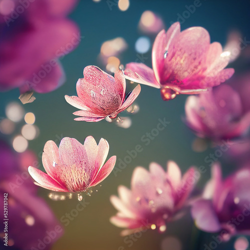 Beautiful pink flowers in drops of clear water in the air. 