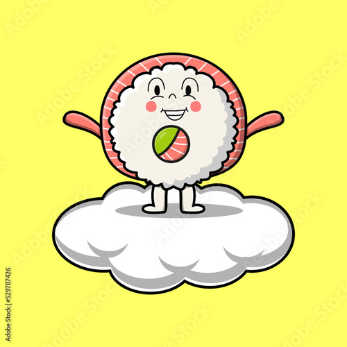 Cute cartoon Rice sushi rolls sashimi character standing in cloud vector illustration