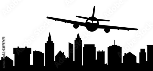 City sky ans Soaring air plane line path. Take Off airplane, flight route with start point. Vector aircraft sign. Vacation, holliday to town. Tourism. Route Concept. Cartoon urban landscape.