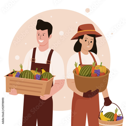 Flat design of male and female farmers harvesting fruit. Illustration for websites, landing pages, mobile applications, posters and banners. Trendy flat vector illustration
