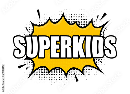 Superkids logo template. Frame with divergent rays. Super kids shield. photo
