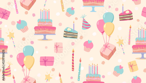 Seamless pattern with birthday colorful candles, cakes, gift boxes. Cartoon i...