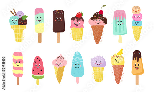 Kawaii ice cream set. Cute hand drawn face emotions in cartoon flat style