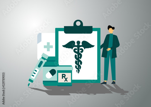 Pharmaceutical illustration. People buying pills, bottles, vitamins and other medicaments in online drugstore on smartphone. Pharmacy store and online medicine concept. Vector illustration.