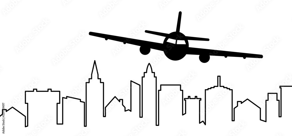 City sky ans Soaring air plane line path. Take Off airplane, flight route with start point. Vector aircraft sign. Vacation, holliday to town. Tourism. Route Concept. Cartoon urban landscape.