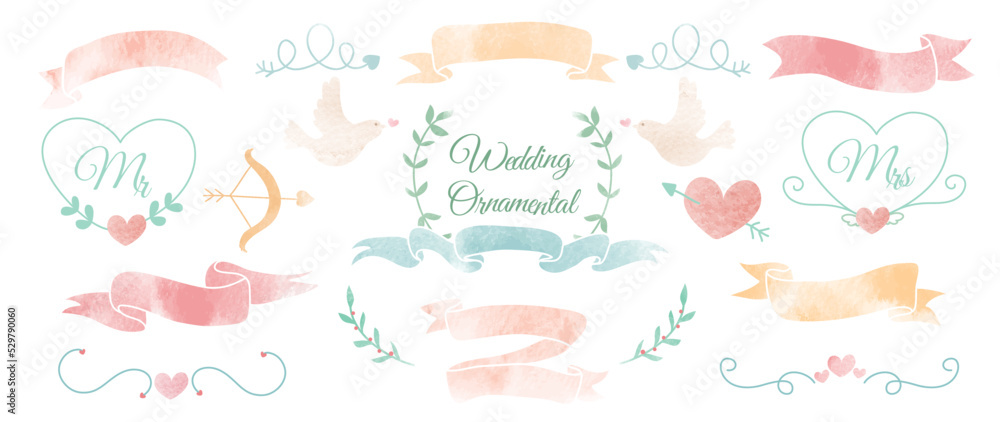Set of watercolor wedding ornament vector. Romantic collection of ornamental, wreath, leaf branch, ribbon, arrow, banner, bow, heart, fonts. Marriage element design for invitation, card, prints.