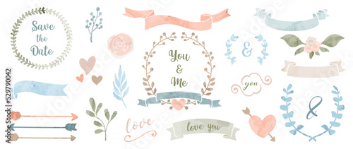 Set of watercolor wedding ornament vector. Romantic collection of ornamental, wreath, leaf branch, ribbon, banner, heart, fonts, flowers, arrow. Marriage element design for invitation, card, prints.