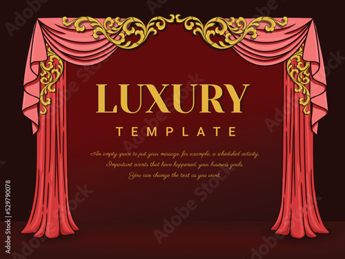 Luxury curtains Red color, Hand drawn style, Baroque ornament, and Golden outline floral border.