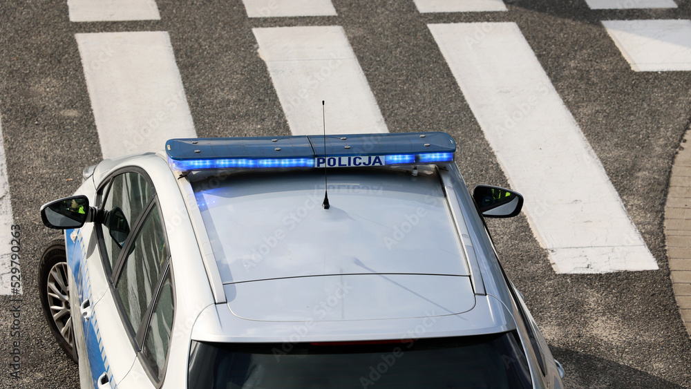 Radiowóz policji zaparkowany przy pasach dla pieszych nadzoruje ruch drogowy.  - obrazy, fototapety, plakaty 