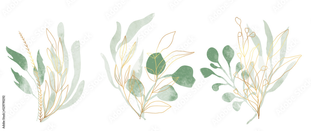 Fototapeta premium Set of watercolor botanical element vector. Luxury foliage collection of leaf branch, eucalyptus leaves, flowers, with gold line art. Elegant collection for wedding, invitation, decorative, card.