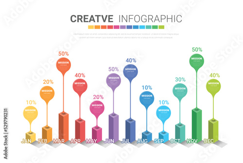 Presentation graph, Business infographics template for 12 months, 1 year, can be used for Business concept with 12 options, steps or processes.