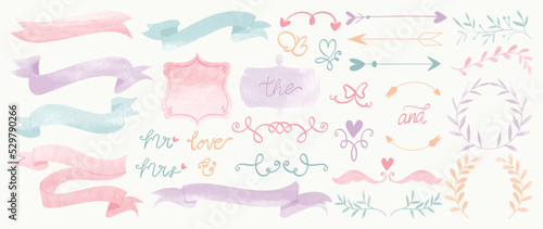 Set of watercolor wedding ornament vector. Romantic collection of ornamental, wreath, leaf branch, ribbon, banner, fonts, flowers, arrow, border. Marriage element design for invitation, card, prints.