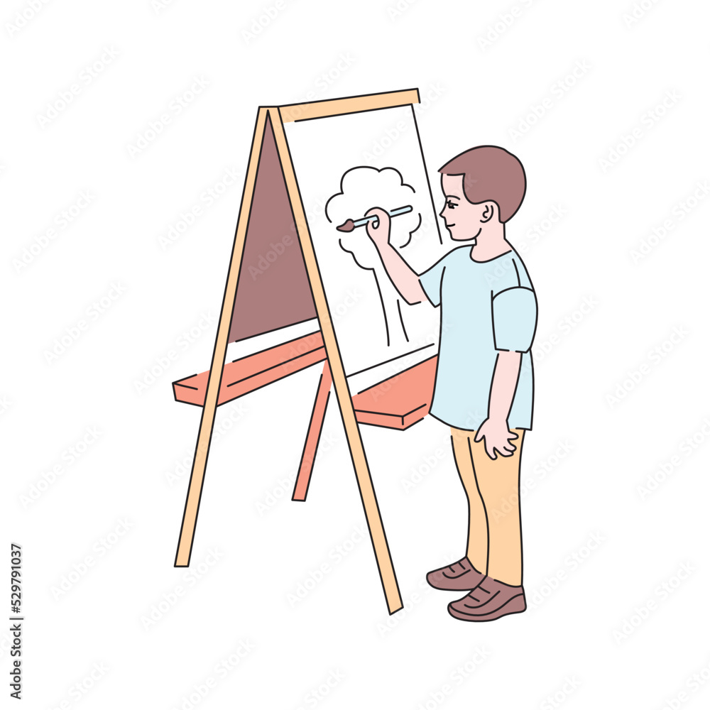 A young boy draws on a tablet color line icon. Pictogram for web page