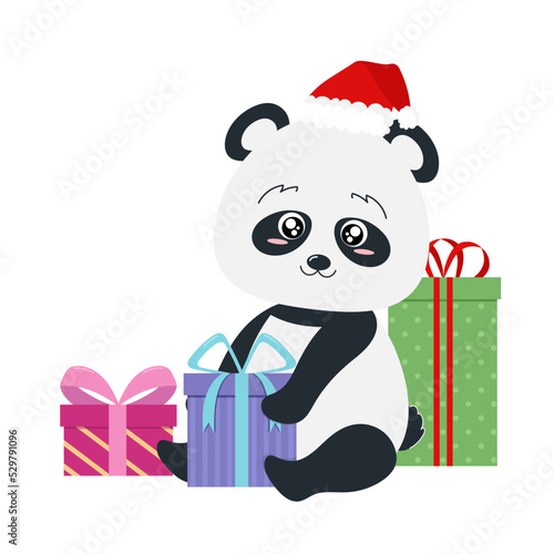 Panda unpacks New Year's gifts. Panda in a red cap. Panda. New Year.