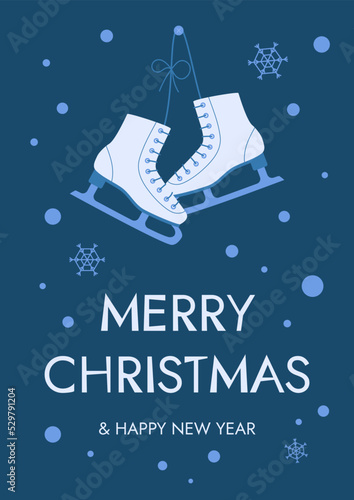 Figure skates hanging on the wall. Christmas card with ice skates. Vector illustration