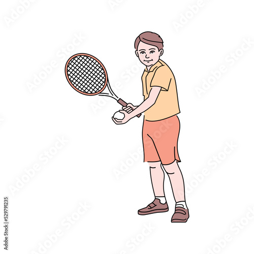 Young boy with tennis racket color line icon. Pictogram for web page