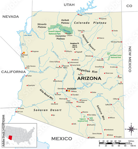 Highly detailed physical map of the US state of Arizona