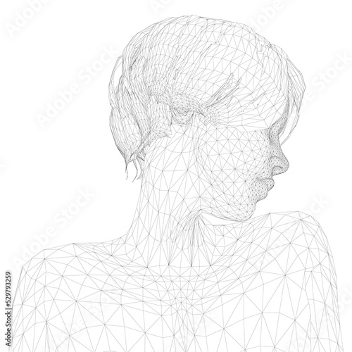 Wireframe of a girl with a short haircut looking to the side from black lines isolated on a white background. Head, neck and shoulders of a girl. 3D. Vector illustration.