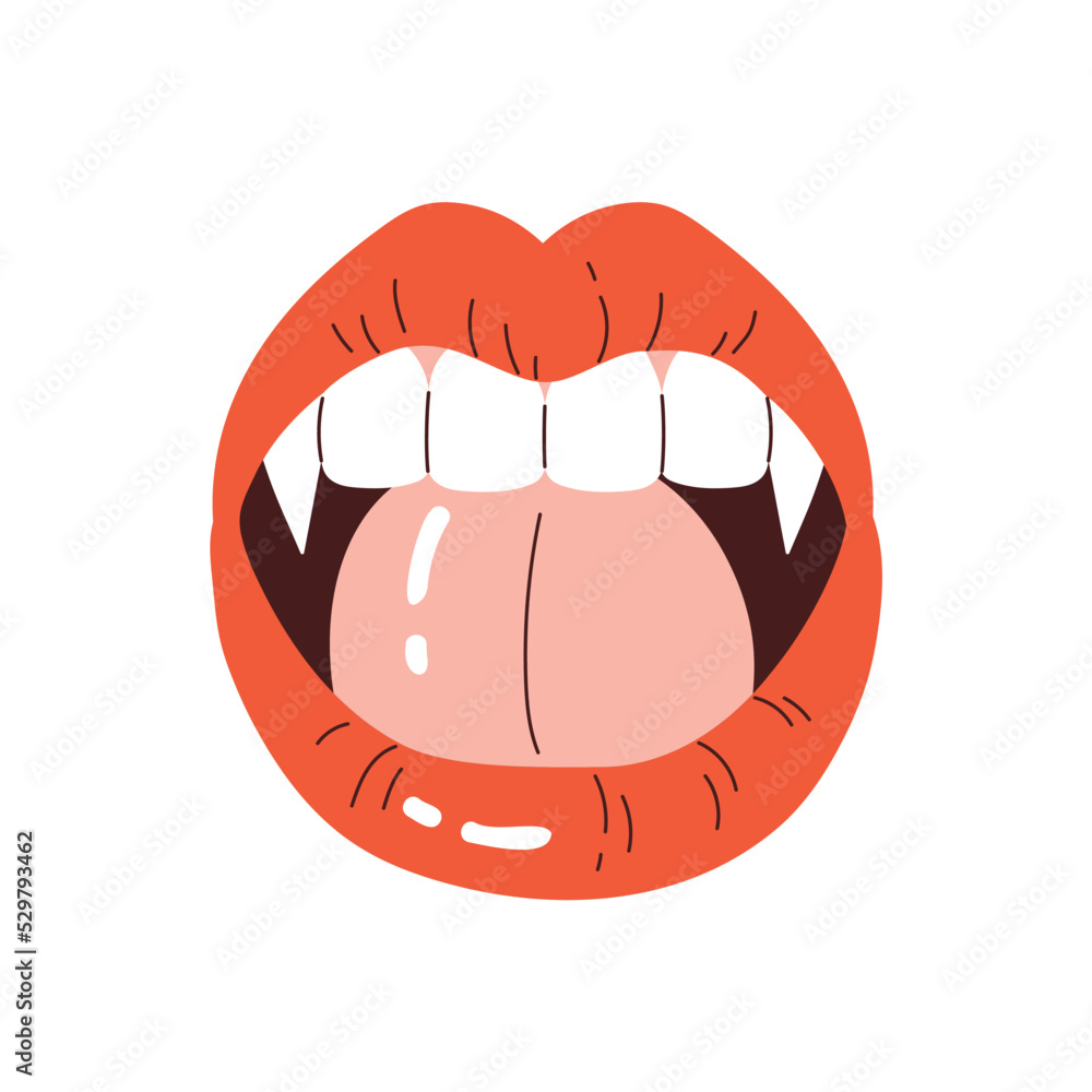 Vampire lips with fangs. A woman's mouth with bright red lips and long