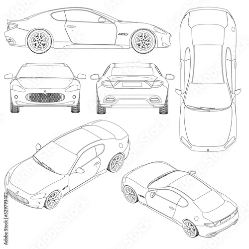Set with the contours of a sports car from black lines isolated on a white background. Top, side, back, isometric, front view. 3D. Vector illustration.